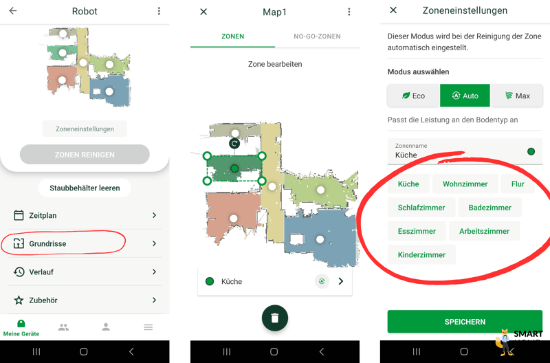 Raumnamen werden den einzelnen Zonen in der MyKobold App des Vorwerk VR7 zugewiesen.